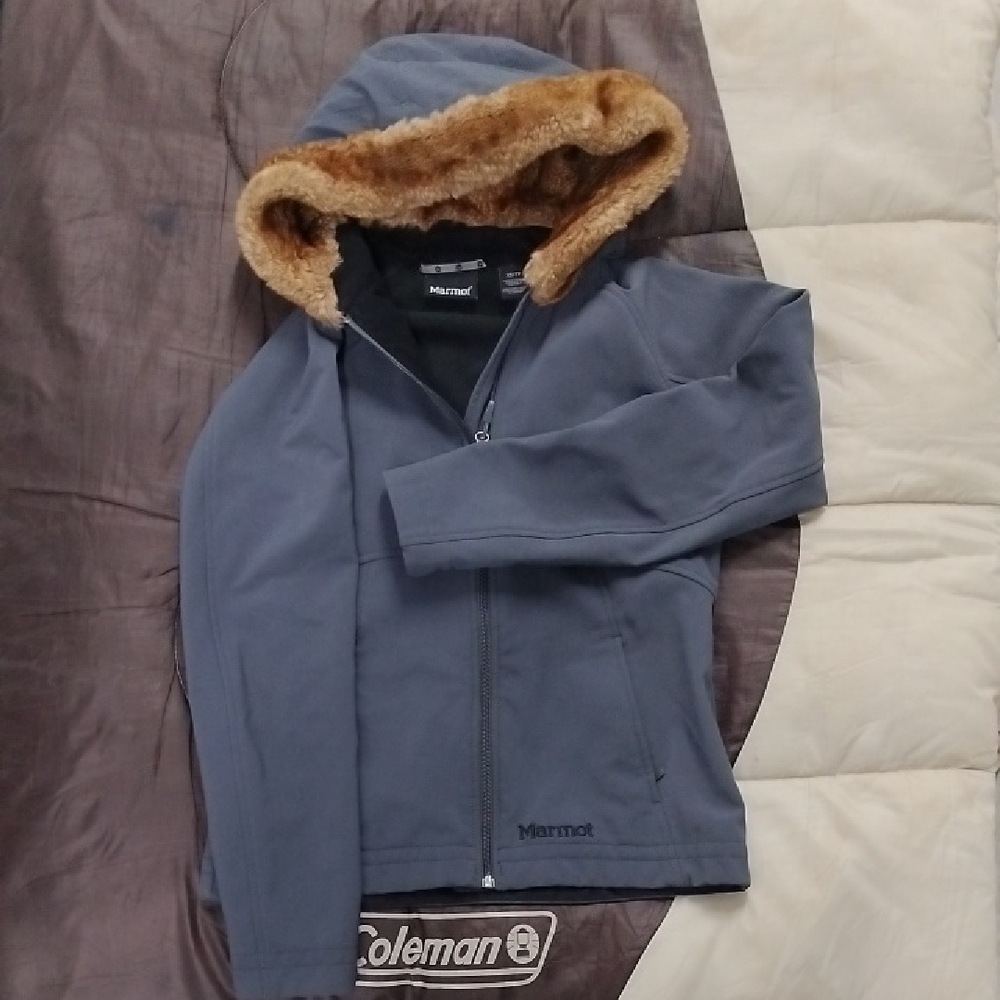 Marmot Blue Hooded Jacket with Faux Fur Trim